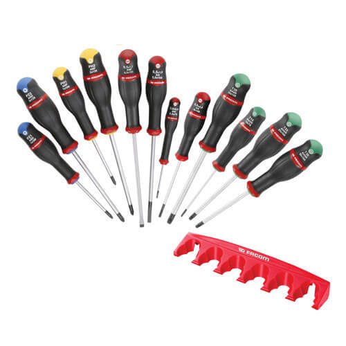 Facom 12 Piece Protwist Mixed Screwdriver Set Slotted / Phillips / Pozi / Security Torx + Storage Rack