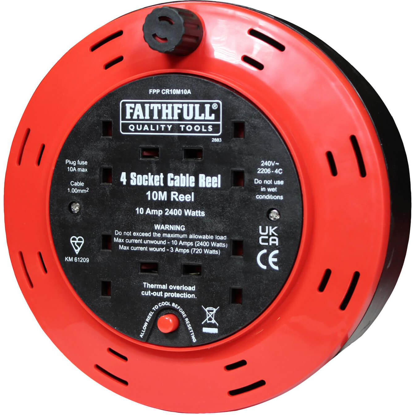 Faithfull 4 Socket Cable Reel 10 Metre 10amp 240v