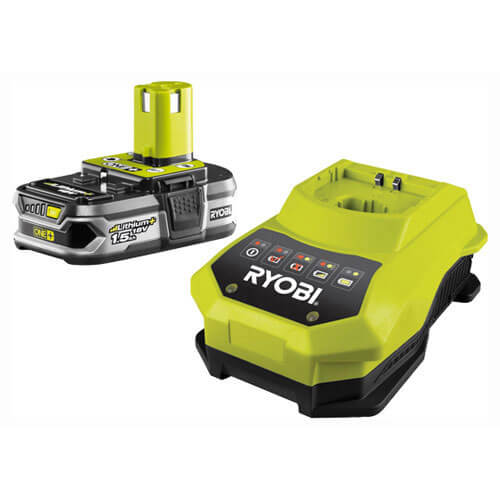 Ryobi RBC18L15 18v Cordless Lithium+ Ion Slim Battery with Fuel Gauge 1.5ah & Super Charger for ONE+