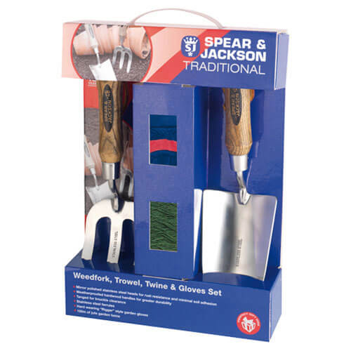 Spear & Jackson Traditional Stainless Steel 2 Piece Hand Trowel & Weedfork Set with Twine & Gloves