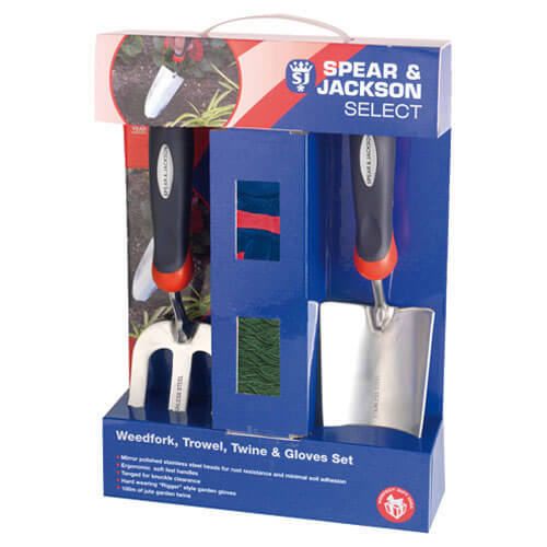 Spear & Jackson Select Stainless Steel 2 Piece Hand Trowel & Weedfork Set with Twine & Gloves