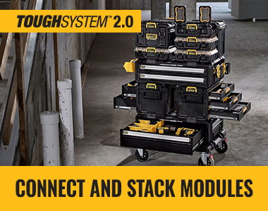DEWALT ToughSystem 2.0 DXL: connect and stack modules securely DEWALT ToughSystem 2.0 DXL modules connected and stacked via auto-connect front latches