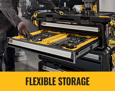 DEWALT ToughSystem 2.0 DXL Flexible Modular Workstation Storage System DEWALT ToughSystem 2.0 DXL modular storage workstation with stackable drawers and dolly