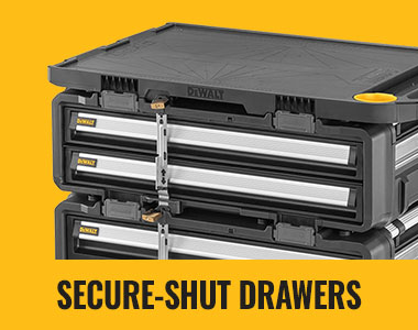 DEWALT ToughSystem 2.0 DXL: secure storage drawers with quick-latch system DEWALT ToughSystem 2.0 DXL modular workstation with secure lockable drawers