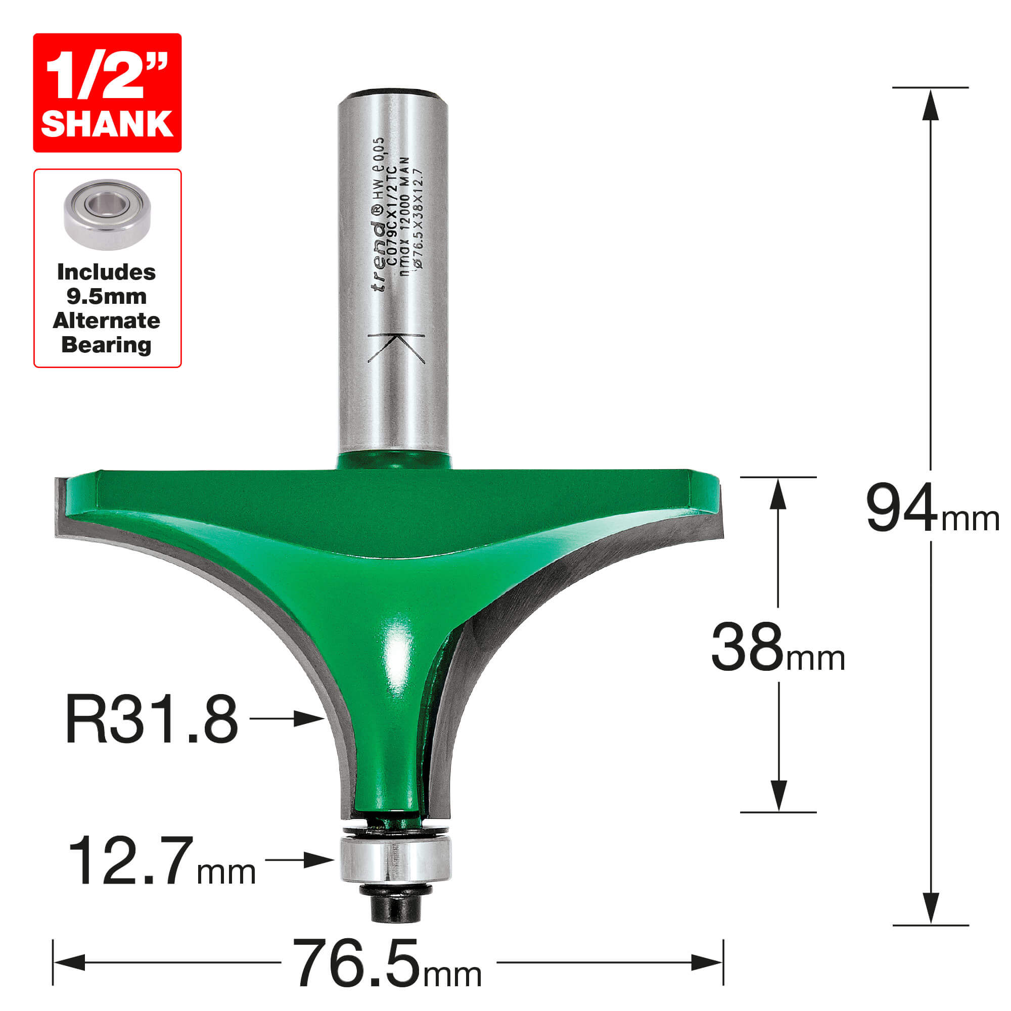 Photo of Trend Craftpro Bearing Guided Round Over And Ovolo Router Cutter 76.5mm 38mm 1/2