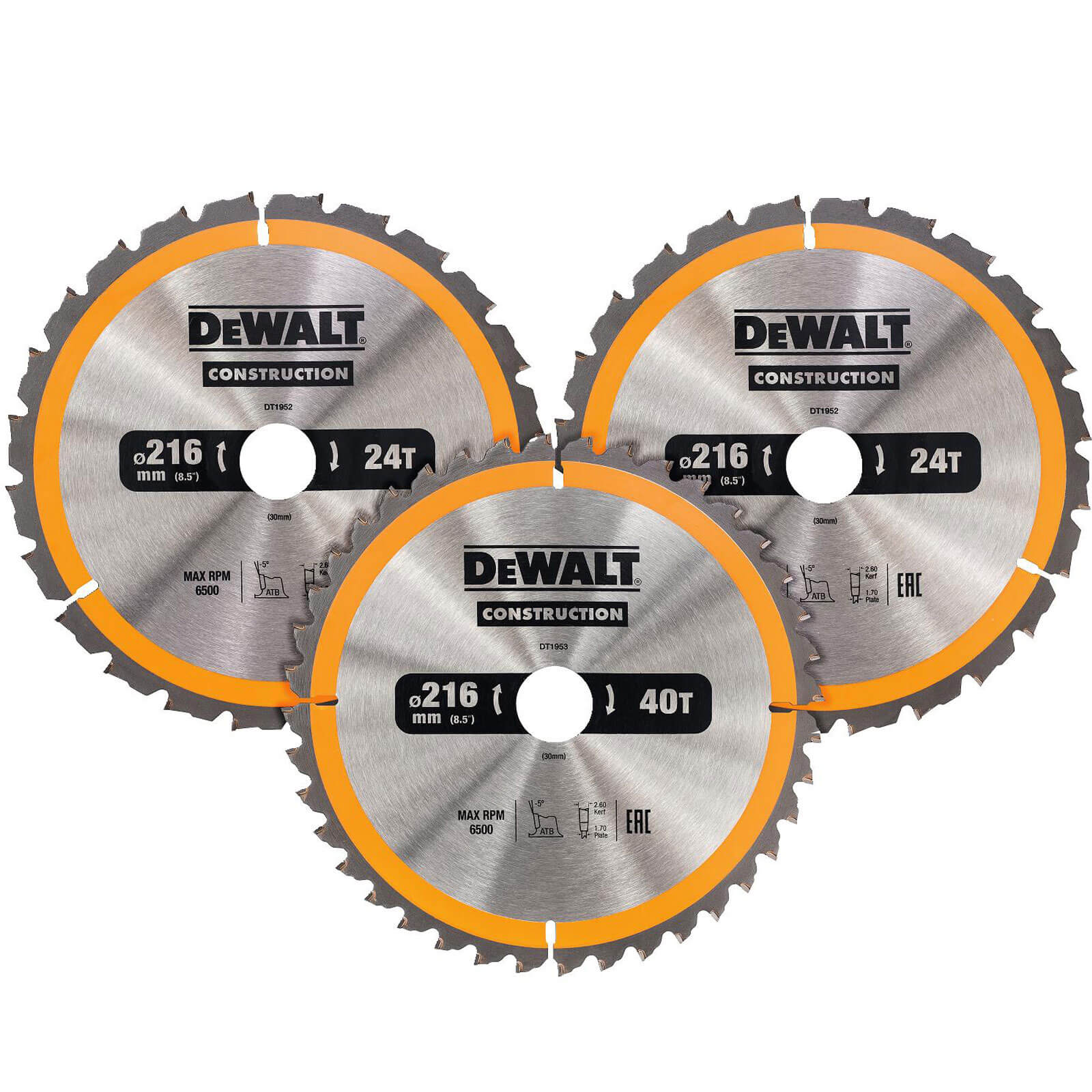 DeWalt 3 Piece 216mm Construction Circular Saw Blade Set Circular Saw