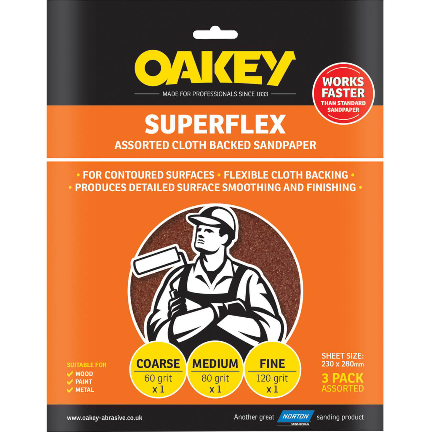 Photo of Oakey Superflex Aluminium Oxide Sandpaper Assorted Grit Pack Of 3