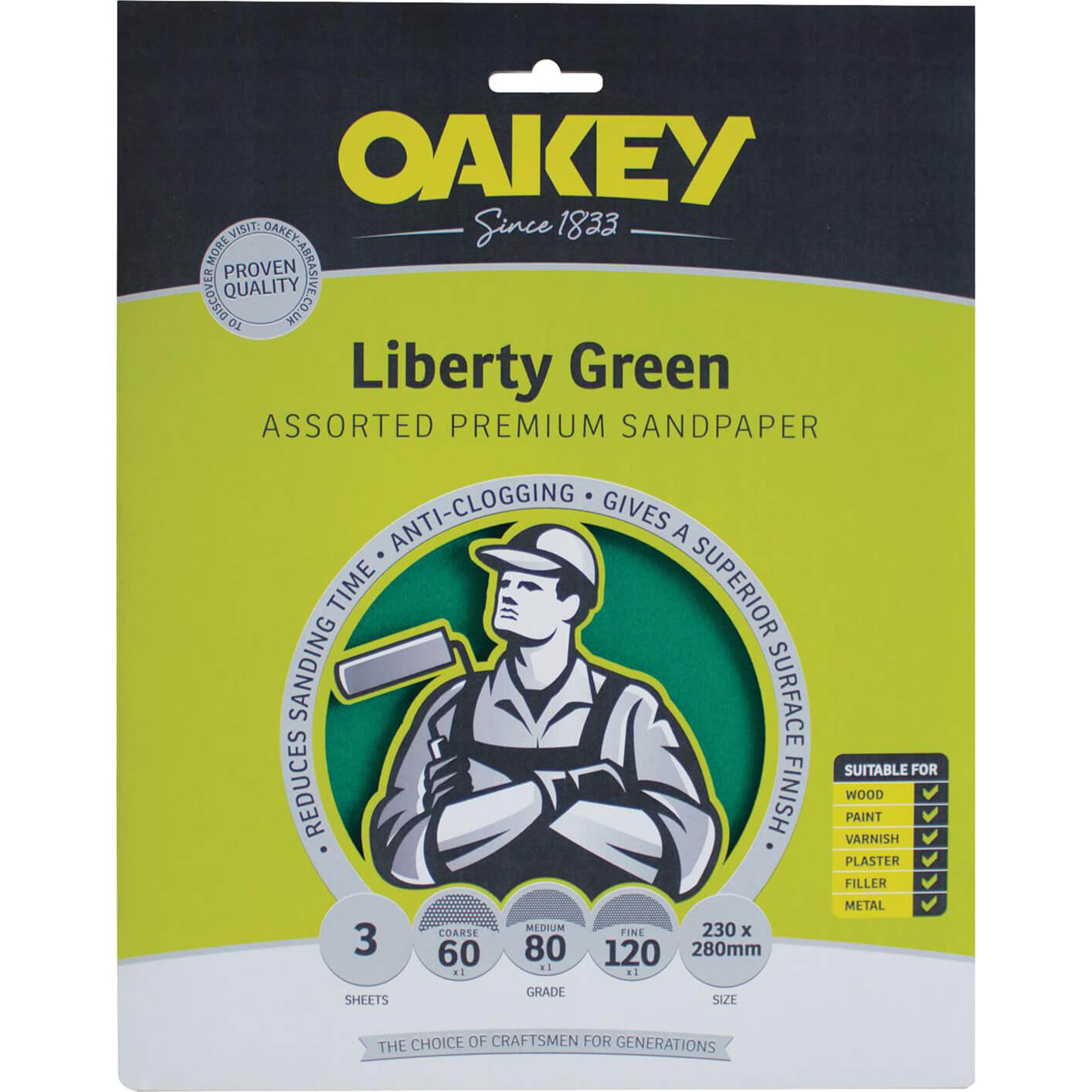 Photo of Oakey Green Aluminium Oxide Sandpaper Assorted Grit Pack Of 3