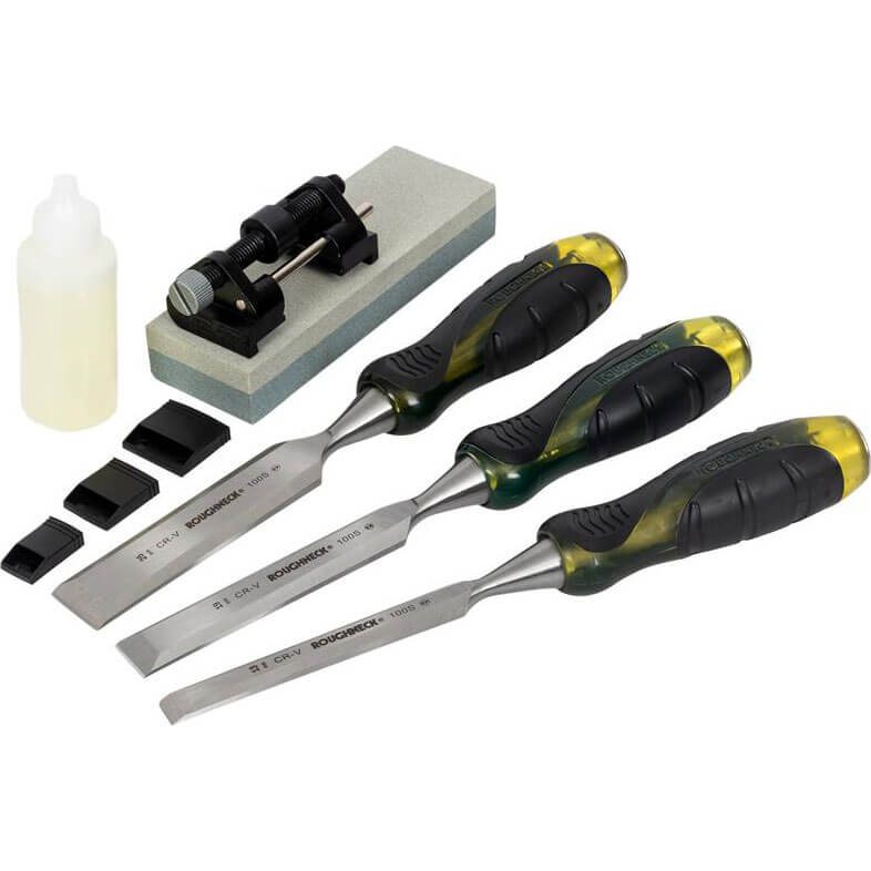 Photo of Roughneck 3 Piece Bevel Edge Chisel Set And Sharpening Kit