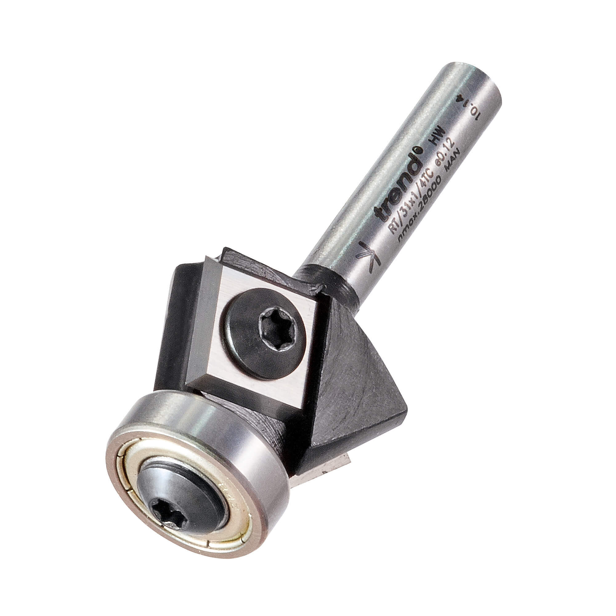 Photo of Trend Rotatip Bevel Trimmer Bearing Guided Router Cutter 24mm 12mm 1/4